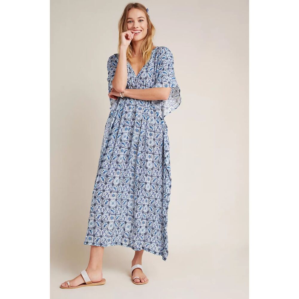 RUJUTA SHETH Blue White Tile Print Viscose Kaftan Dress Elastic Waist One Size